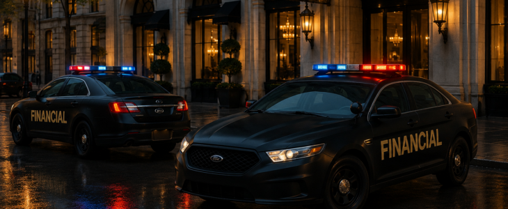 Black sedan parked outside a building at night representing legal investigations and enforcement activities.