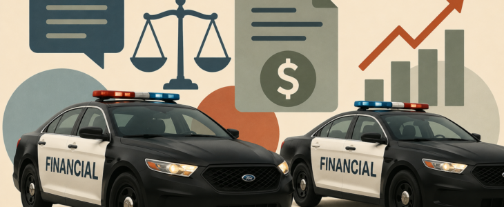 Broker-Dealer Attorney. Sedan in front of an illustration of scales of justice and financial documents representing securities law and compliance.