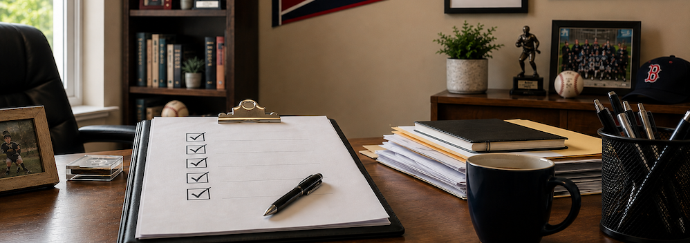Law and Order: Check the box, miss the point. A checklist on a clipboard lays upon a work desk surrounded by books, and other comforting items.